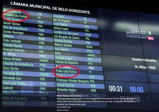 O vereador Pedro Patrus divulgou a foto do painel com a mudança dos petistas(foto: Reprodução Twitter) O vereador Pedro Patrus divulgou a foto do painel com a mudança dos petistas(foto: Reprodução Twitter)