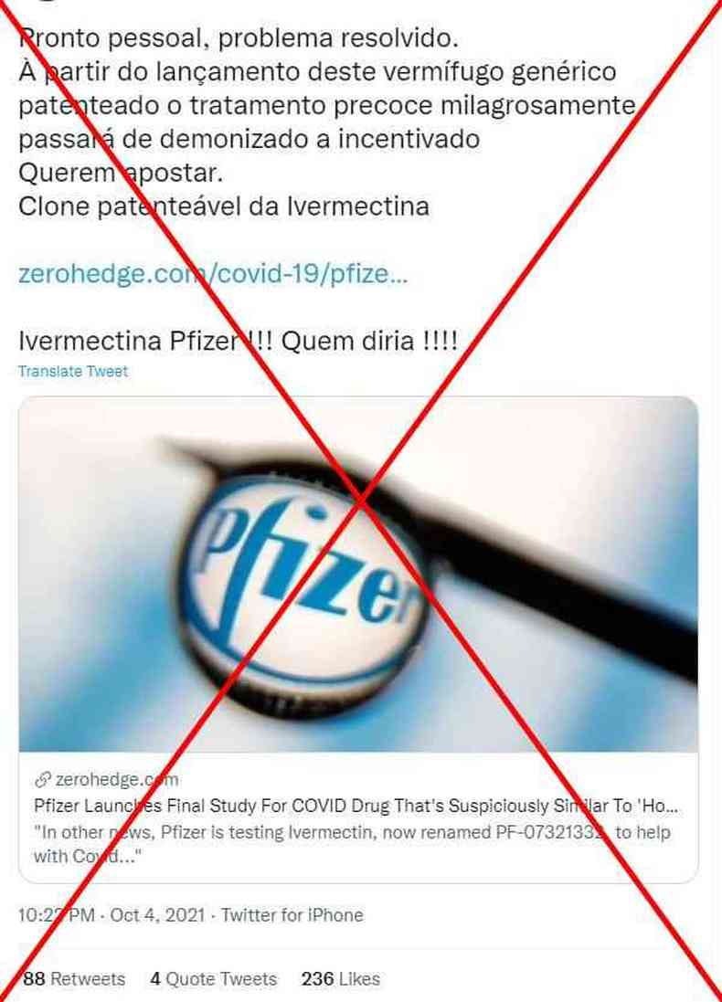 Postagem informando que antiviral da Pfizer é semelhante à Ivermectina é falsa
