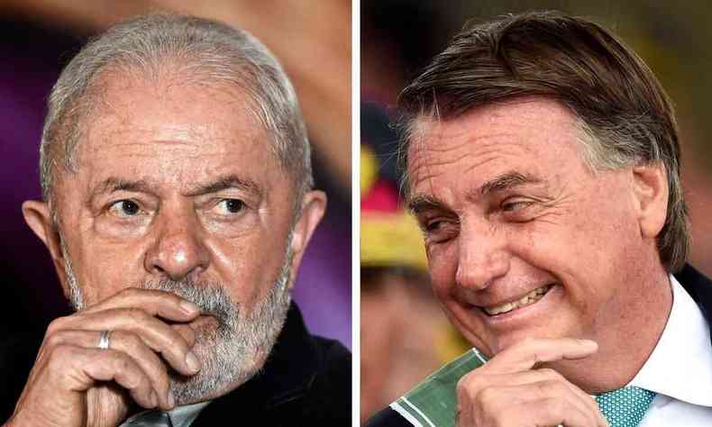 Montagem de fotos mostra Lula srio,  esquerda; e Bolsonaro sorrindo,  direira