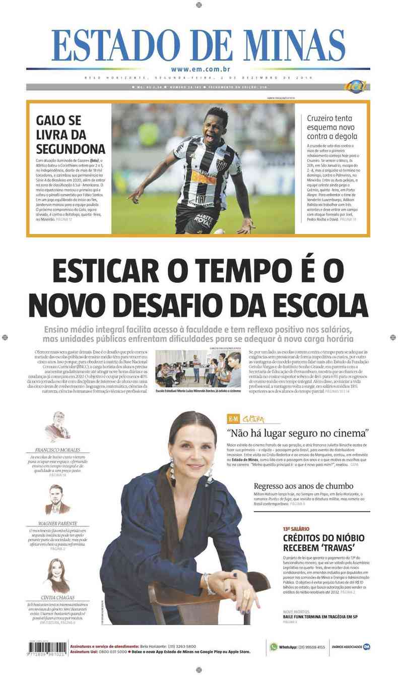 Confira a Capa do Jornal Estado de Minas do dia 02/12/2019(foto: Estado de Minas)