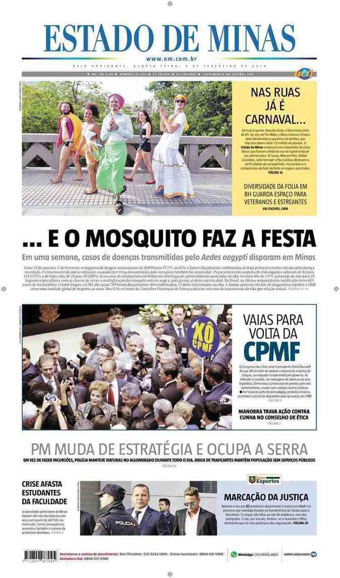 Confira a Capa do Jornal Estado de Minas do dia 03/02/2016