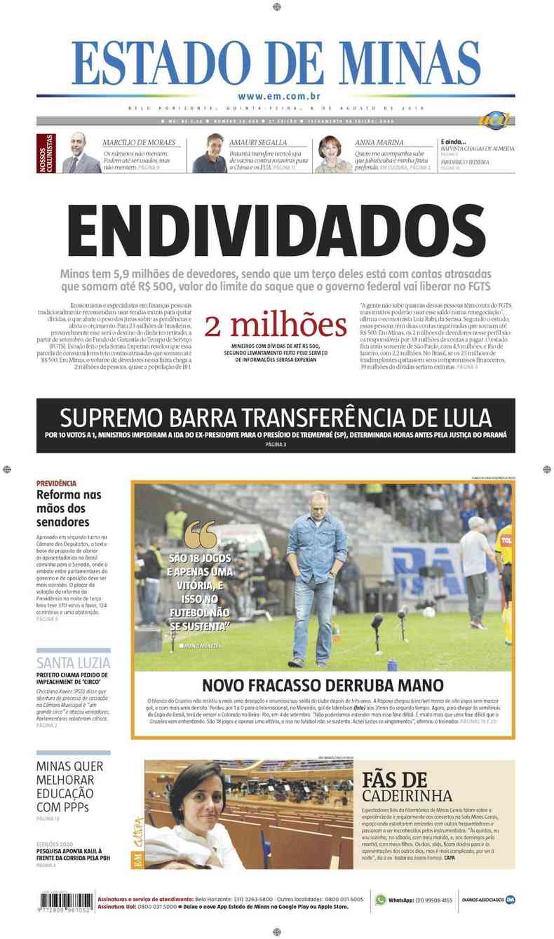 Confira a Capa do Jornal Estado de Minas do dia 08/08/2019(foto: Estado de Minas)