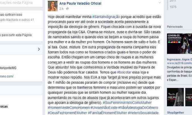 Postagem da cantora Ana Paula Valado gera polmica nas redes sociais(foto: Divulgao/Facebook)