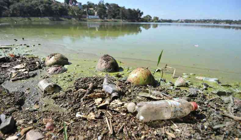 Lixo na Lagoa da Pampulha, em uma das barreiras de conteno dos resduos.