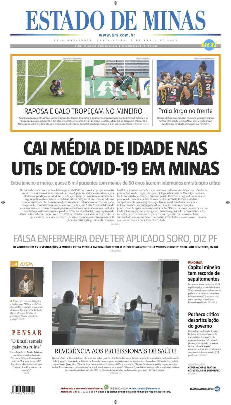 Confira a Capa do Jornal Estado de Minas do dia 02/04/2021(foto: Estado de Minas)