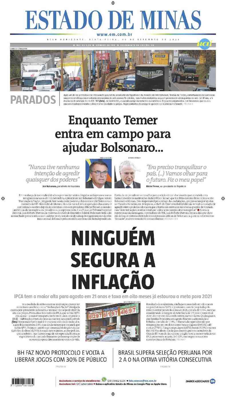 Confira a Capa do Jornal Estado de Minas do dia 10/09/2021