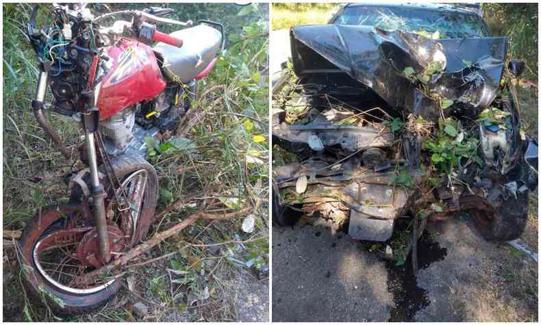 Carro e moto em fotomontagem vistos de frente, ambos destrudos devido  batida. 