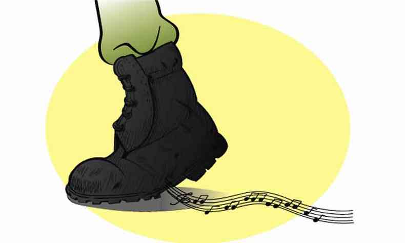 Ilustrao mostra bota militar pisando no cho e sufocando notas musicais