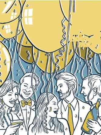 Ilustrao de Thiago Fagundes mostra homens e mulheres comemorando, com bales no teto e copo de bebida nas mos