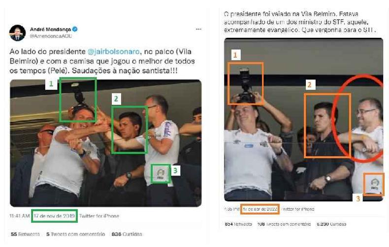 Comparao feita em 18 de abril de 2022 entre uma foto tuitada por Andr Mendona em novembro de 2019 (E) e uma das publicaes viralizadas
