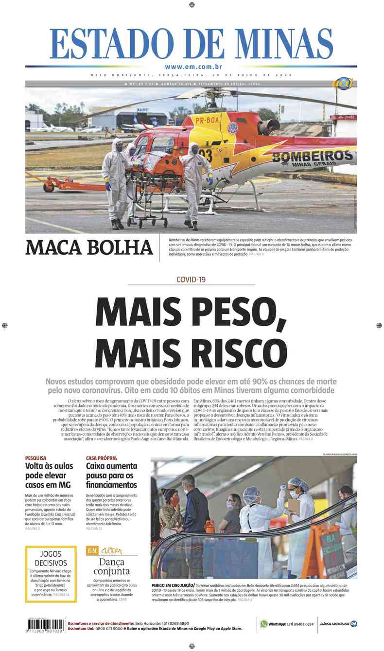 Confira a Capa do Jornal Estado de Minas do dia 28/07/2020(foto: Estado de Minas)