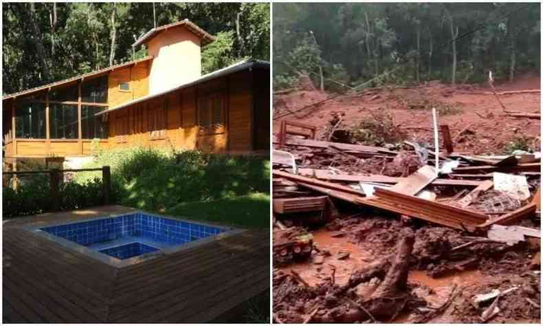 Montagem com fotos de antes e depois que casa foi destruída por deslizamento no condomínio Retiro do Chalé