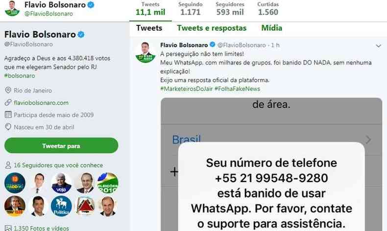 Flavio Bolsonaro usou o Twitter para reclamar do cancelamento do nmero de telefone no aplicativo de mensagens(foto: Twitter/Reproduo)