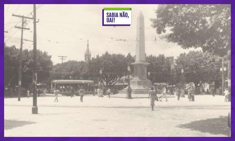 Praça Sete, no Centro de Belo Horizonte, na década de 1920 (foto: Arte sobre foto do Arquivo EM) arte sobre foto em preto e branco mostra pessoas andando e um bonde passando na Praça Sete, na década de 1920