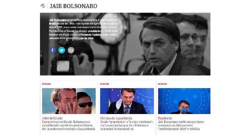 Argentino Clrin deu ampla cobertura  notcia sobre diagnstico positivo de Bolsonaro para coronavrus(foto: Reproduo/Clarn)