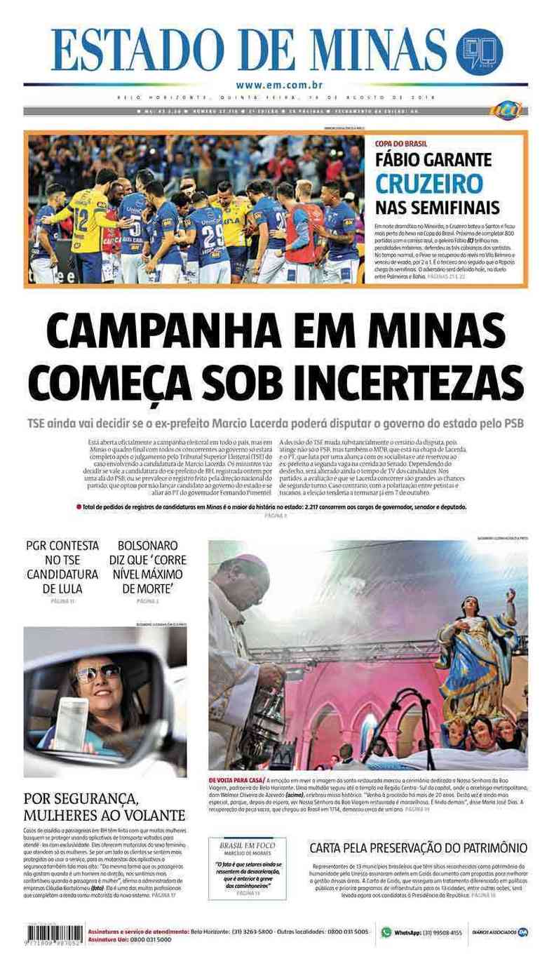 Confira a Capa do Jornal Estado de Minas do dia 16/08/2018