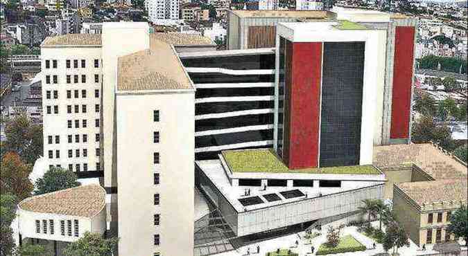 Projeo da fachada da nova sede do TRT: projeto vai a 2 turno hoje(foto: Divulgao/TRT )