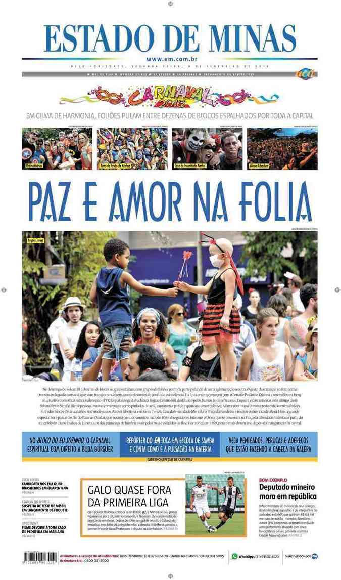 Confira a Capa do Jornal Estado de Minas do dia 08/02/2016