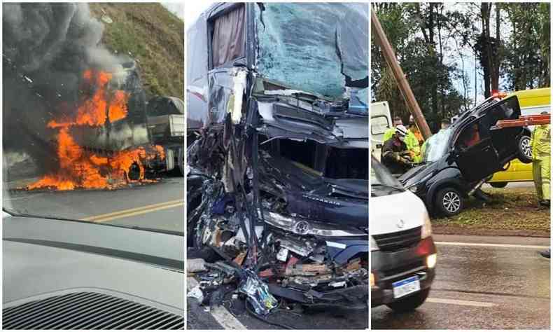 montagem de acidentes: carreta pegando fogo, nibus com a frente destruda e carro capotado