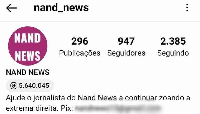 Captura de tela feita em 1 de setembro de 2023 do perfil 'nand_news' no Instagram