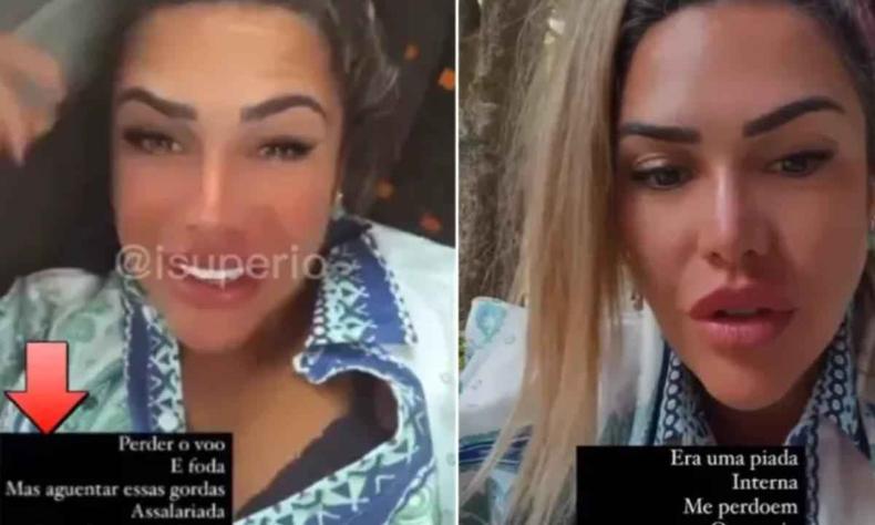 Mariana Gasques perdeu contrato publicitário com Morena Rosa depois de chamar passageiros de ônibus na Turquia de 'baleias e macacos' (foto: Instagram/Reprodução) Montagem com dois stories de Mariana Gasques