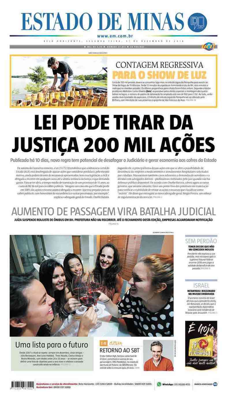 Confira a Capa do Jornal Estado de Minas do dia 31/12/2018(foto: Estado de Minas)