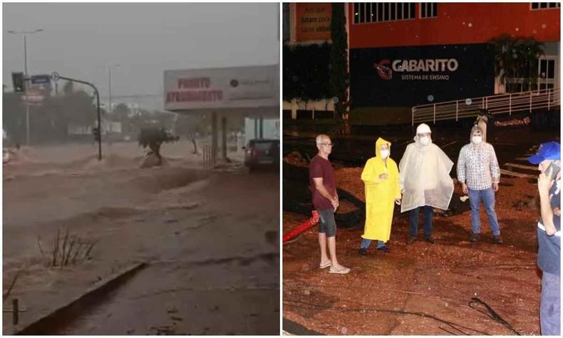 Montagem com a principal avenida de Uberlndia tomada pela gua e, posteriormente, interditada