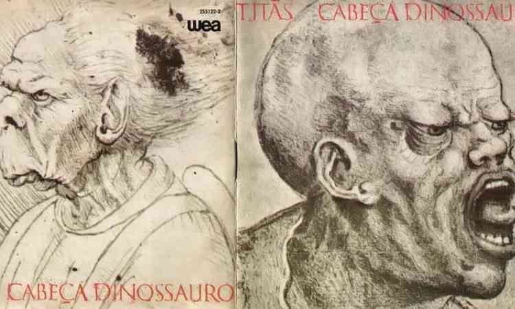 Capa e contracapa do disco Cabea dinossauro, da banda Tits, traz rostos masculinos deformados 