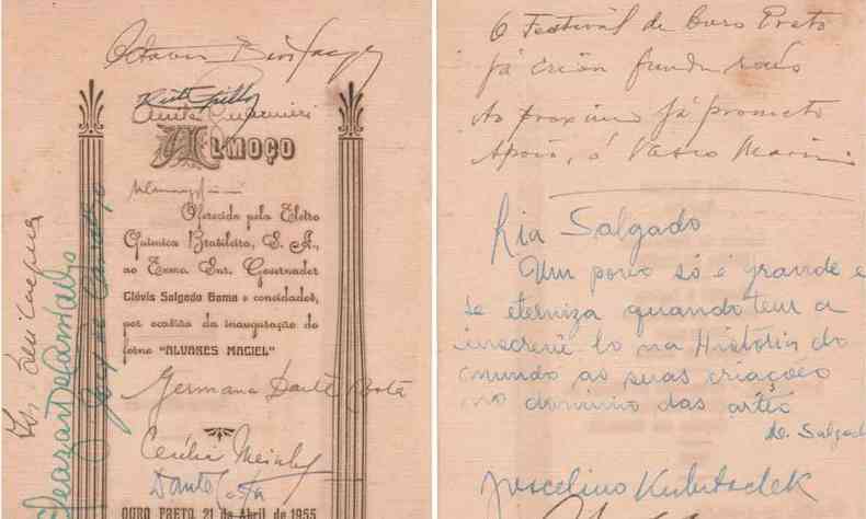 Cardpio assinado por Juscelino Kubitschek, Ceclia Meireles e Clvis Salgado que ser leiloado