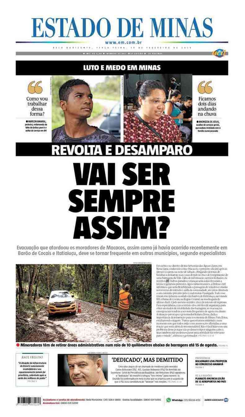 Confira a Capa do Jornal Estado de Minas do dia 19/02/2019(foto: Estado de Minas)