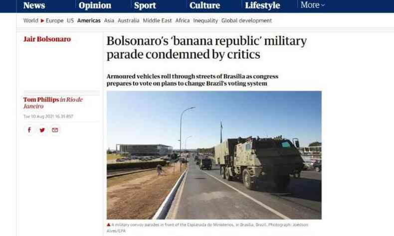 Artigo publicado no The Guardian sobre a exibio dos armamentos da Marinha, na Esplanada dos Ministrios(foto: THE GUARDIAN/REPRODUO)