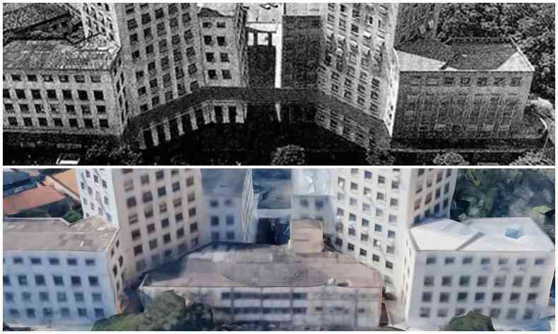 Fotos que mostram como era o edifcio Sulacap antes e depois da construo do anexo construdo onde existia a Praa da Independncia 