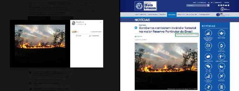 Comparao feita em 14 de setembro de 2020 entre imagem publicada no Facebook (esquerda) e foto publicada no site do governo do Mato Grosso em 30 de agosto de 2017