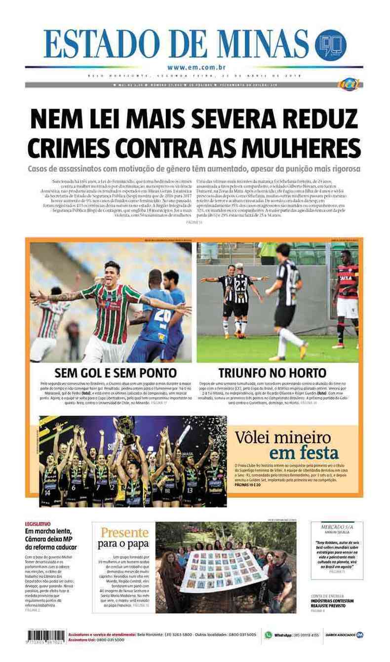 Confira a Capa do Jornal Estado de Minas do dia 23/04/2018