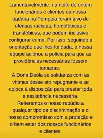 Padaria Dona Dela, palco dos ataques homofbicos, diz que lamenta pela situao e que chamou a polcia para conter a agressora(foto: Reproduo Instagram)