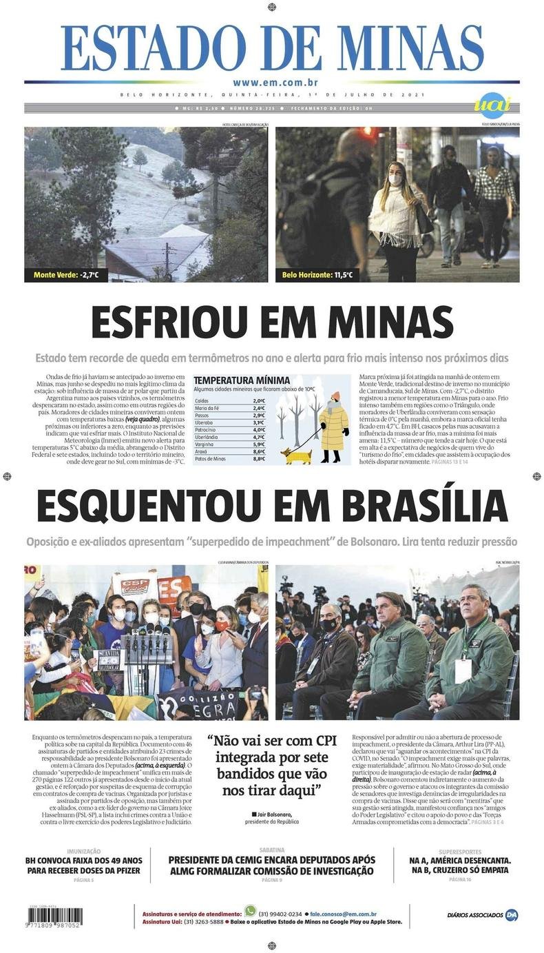 Confira a Capa do Jornal Estado de Minas do dia 01/07/2021(foto: Estado de Minas)