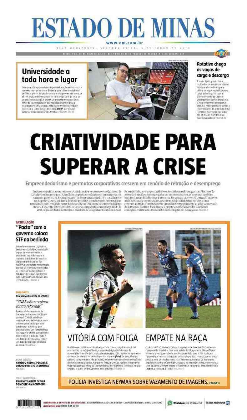 Confira a Capa do Jornal Estado de Minas do dia 03/06/2019(foto: Estado de Minas)