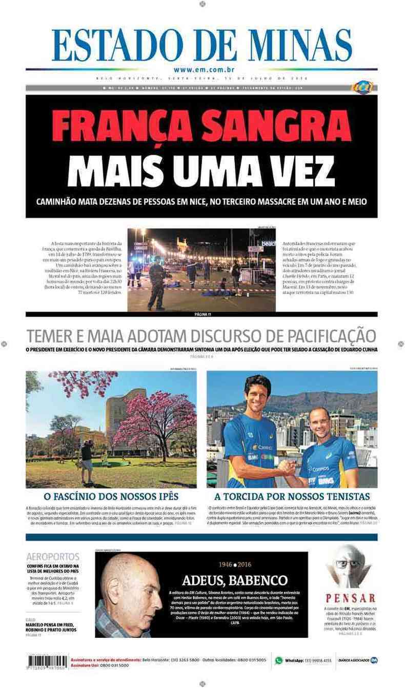 Confira a Capa do Jornal Estado de Minas do dia 15/07/2016