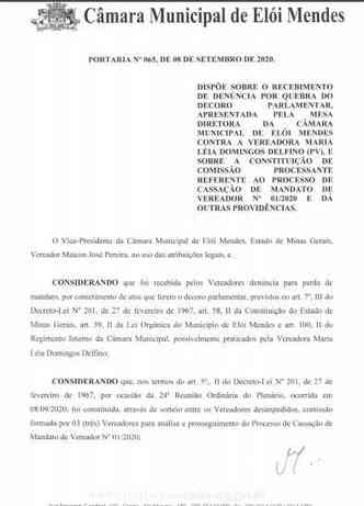 Cmara Municipal de Eli Mendes instaurou processo de cassao contra vereadora(foto: Cmara Municipal de Eli Mendes )