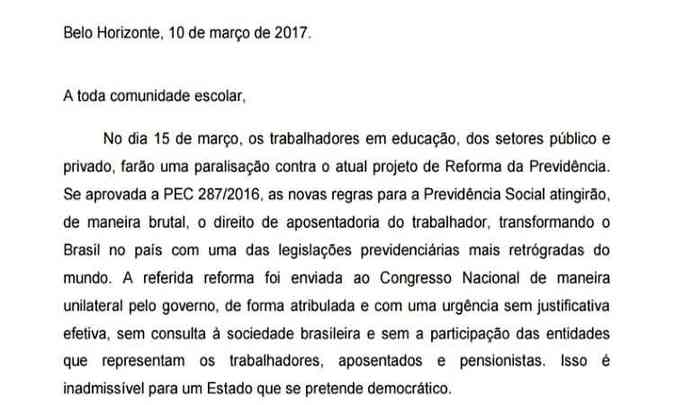 Professores do colgio Magnum enviam carta a alunos e pais comunicando a paralisao. Motivo  a reforma da Previdncia(foto: Reproduo Site Magnum)