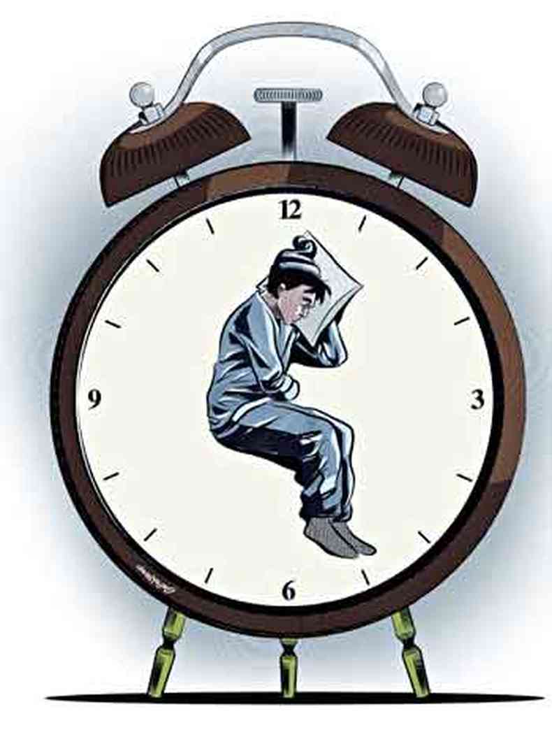 Ilustração mostra homem dormindo dentro de um relógio