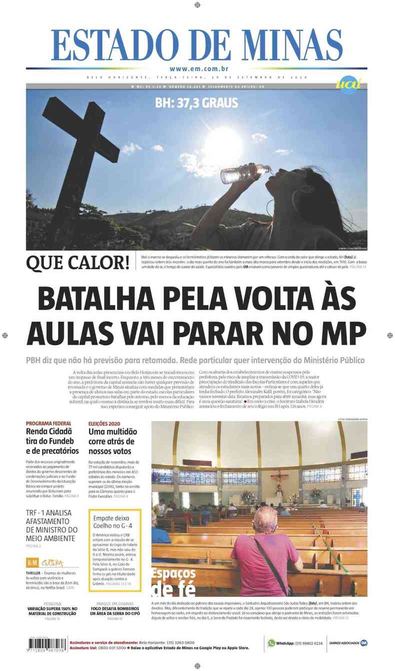 Confira a Capa do Jornal Estado de Minas do dia 29/09/2020(foto: Estado de Minas)