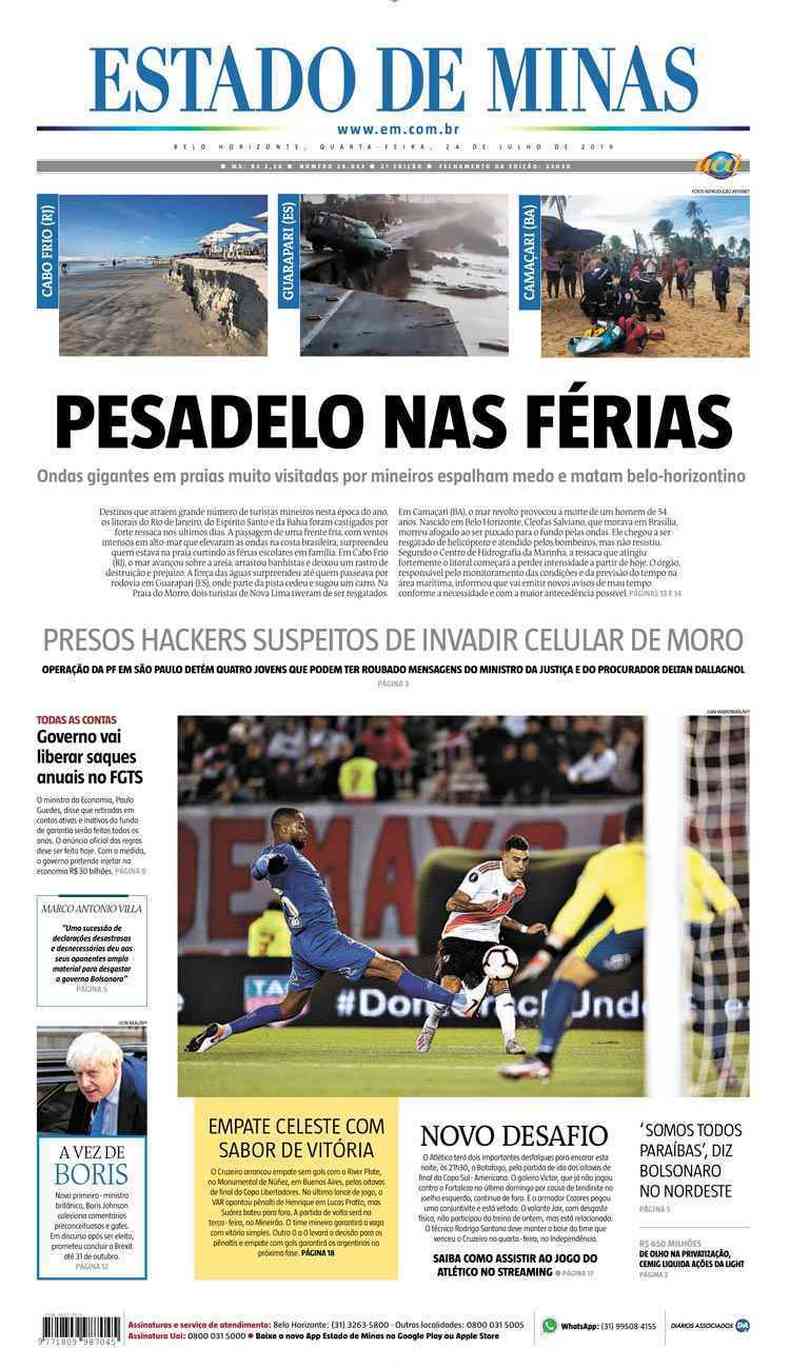 Confira a Capa do Jornal Estado de Minas do dia 24/07/2019(foto: Estado de Minas)
