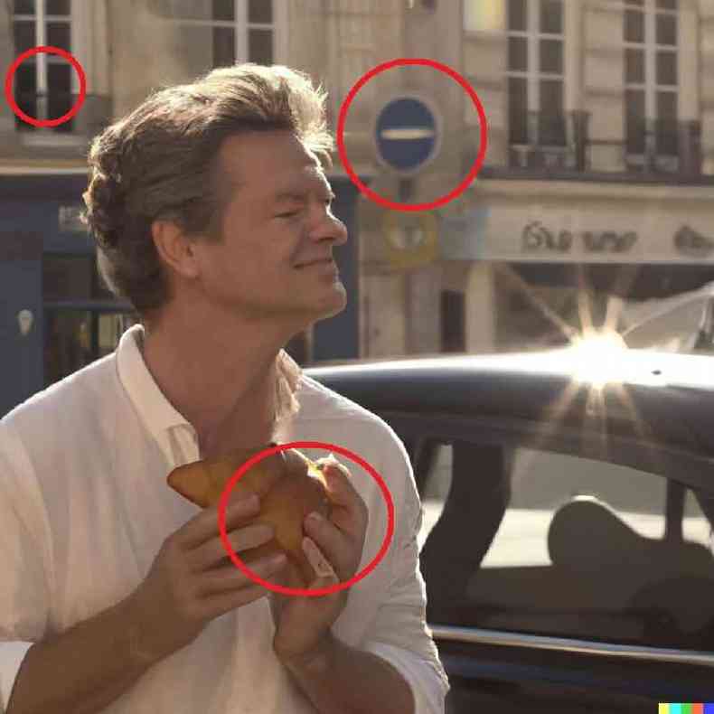Foto gerada pela AFP na Midjourney em 22 de maro de 2023 com as palavras-chave em ingls: 'Brad Pitt, rua de Paris, em uma manh cedo e ensolarada, segurando um croissant, perto de uma padaria e de um velho carro francs, vestindo uma camisa branca, sorrindo, realista, 4K'