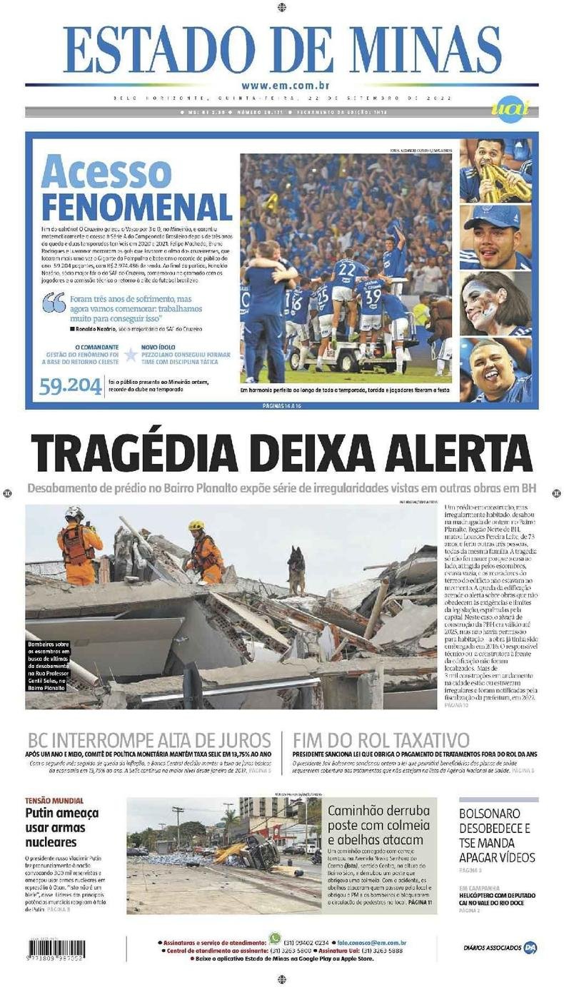 Confira a Capa do Jornal Estado de Minas do dia 22/09/2022