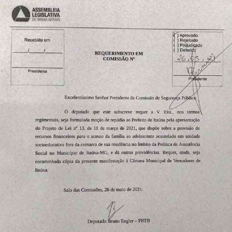 Pedido de Moo de Repdio feito pelo deputado estadual Bruno Engler contra o prefeito de Itana