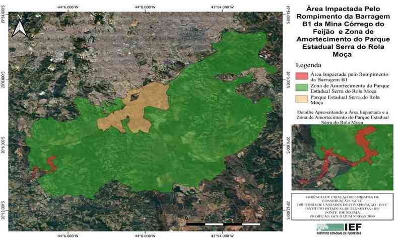 Mapa mostra rea atingida no entorno do Rola-Moa(foto: Instituto Estadual de Florestas (IEF) / Divulgao)