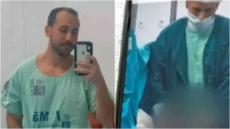 Montagem de duas fotos:  esquerda, o anestesista de avental verde tira uma foto em um espelho ;  direita, o flagrante do estupro com imagem distorcida