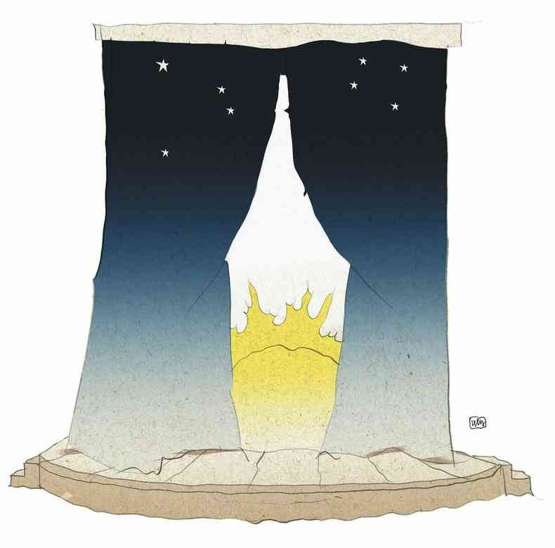 Ilustração mostra palco com cortina aberta e sol ao fundo