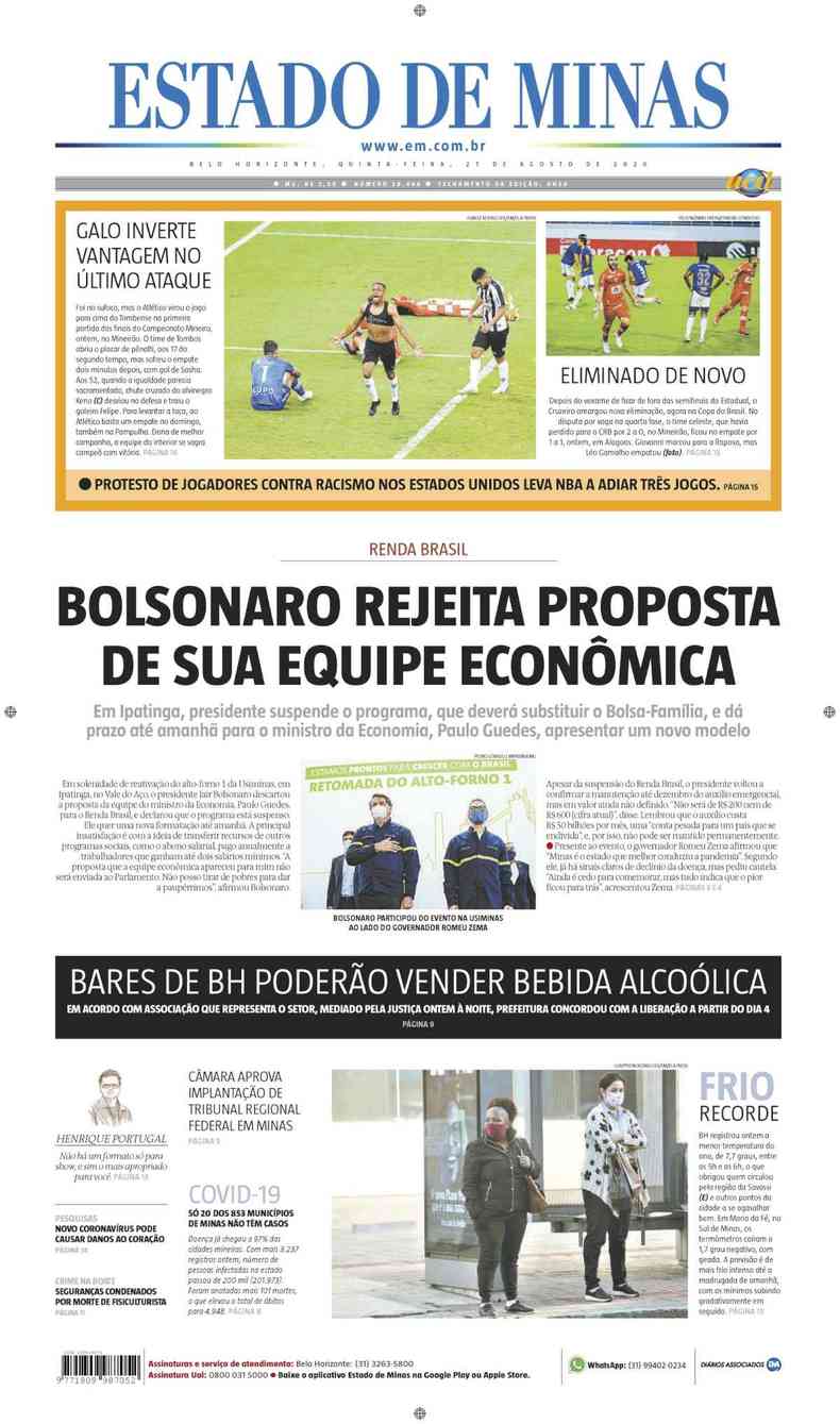 Confira a Capa do Jornal Estado de Minas do dia 27/08/2020(foto: Estado de Minas)